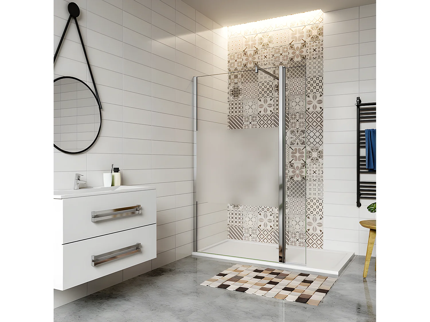 Italiaanse matglas douchewand midden 100+30x200cm, met roterende retour en vaste staaf 90cm vierkant