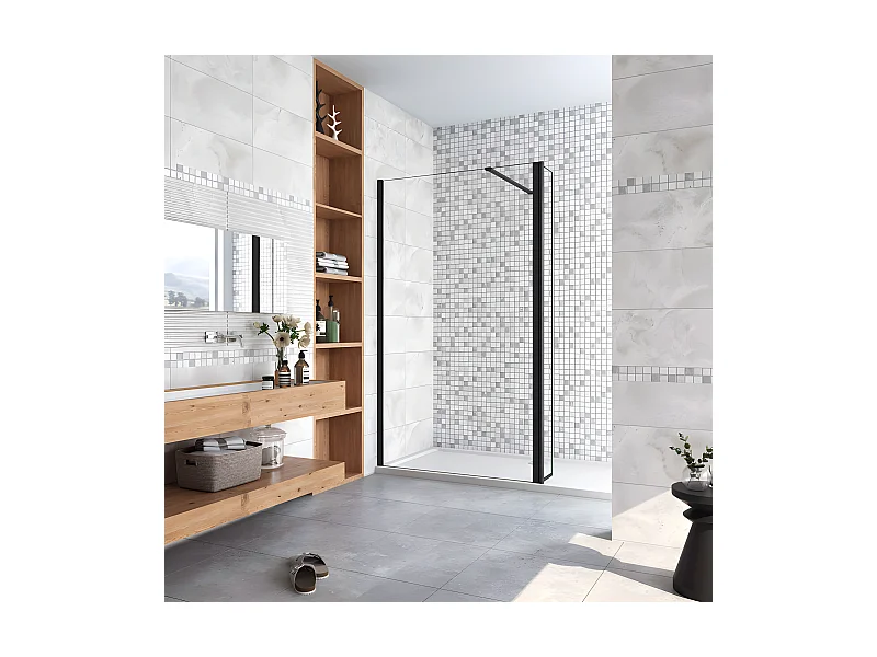 Paroi de douche à l'italienne avec retour pivotant 130+30x200cm avec barre de fixation 90cm recoupable - Noir Mat - 8mm verre anticalcaire