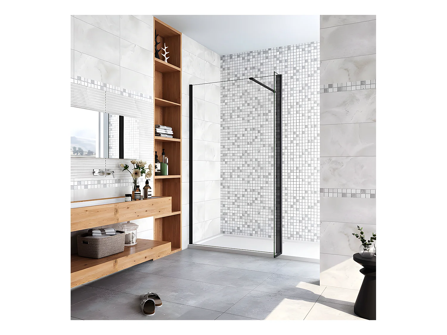 Paroi de douche à l'italienne avec retour pivotant 130+30x200cm avec barre de fixation 90cm recoupable - Noir Mat - 8mm verre anticalcaire