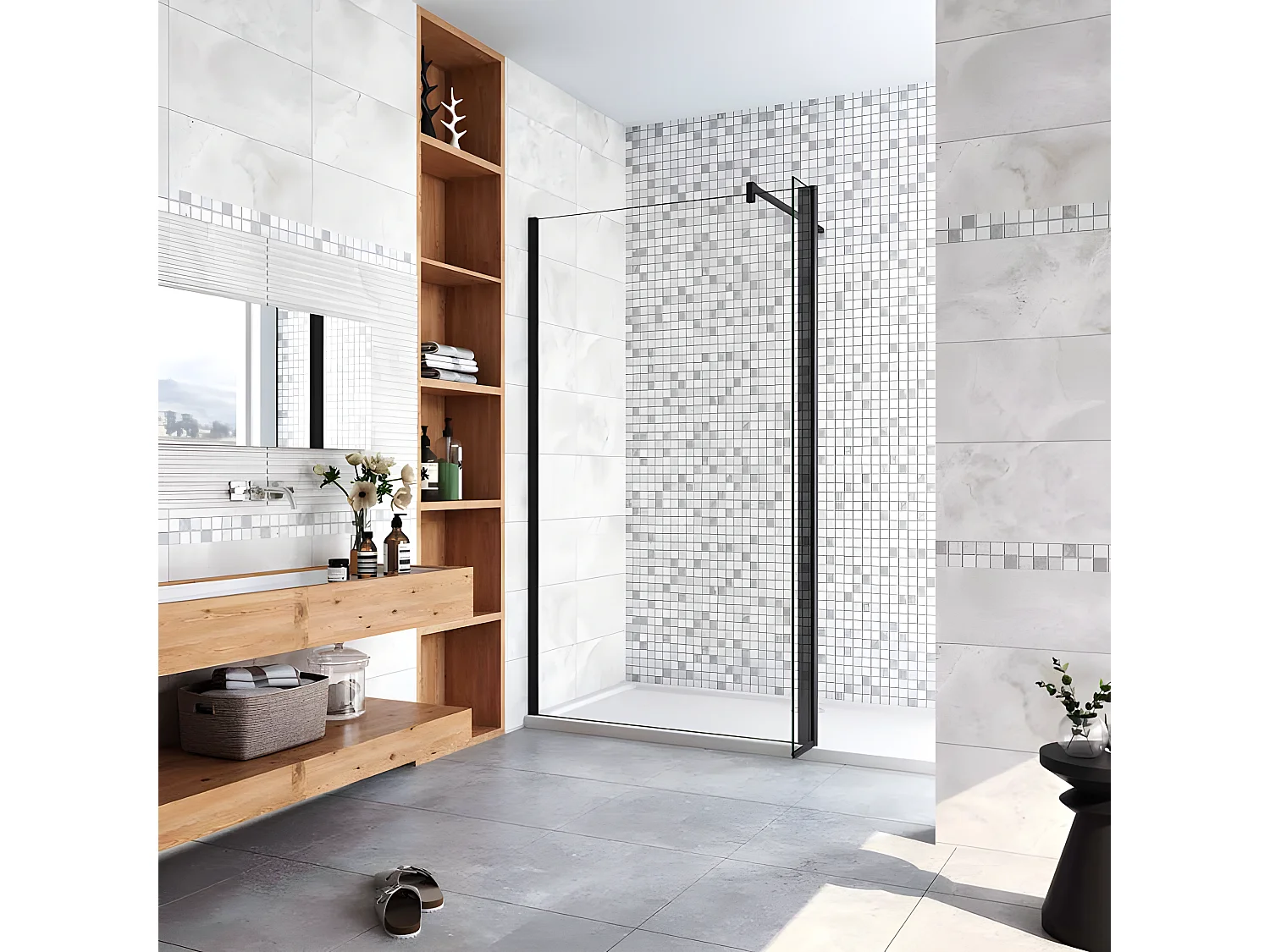 Paroi de douche à l'italienne avec retour pivotant 150+40x200cm avec barre de fixation 140cm en carré - Noir Mat - 8mm verre anticalcaire