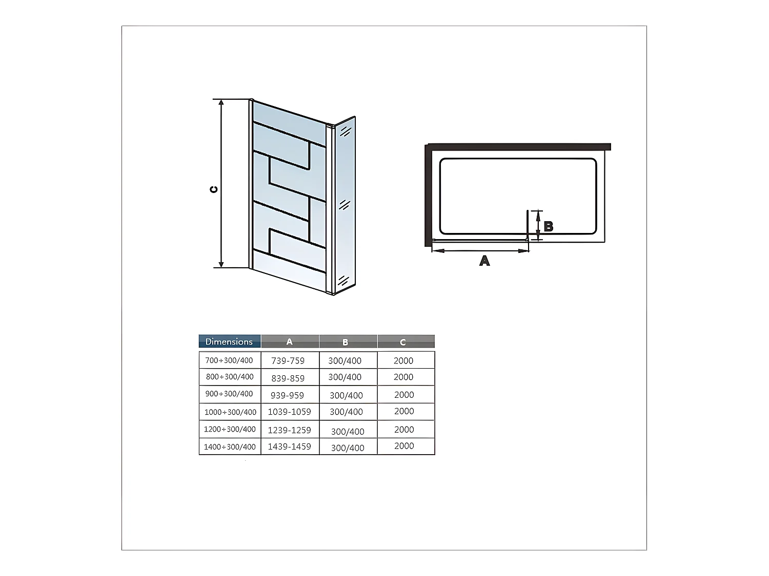 Paroi de douche fixe à l'italienne 80+40x200cm avec retour pivotant - Noir - avec barre de fixation 73-120cm en carré