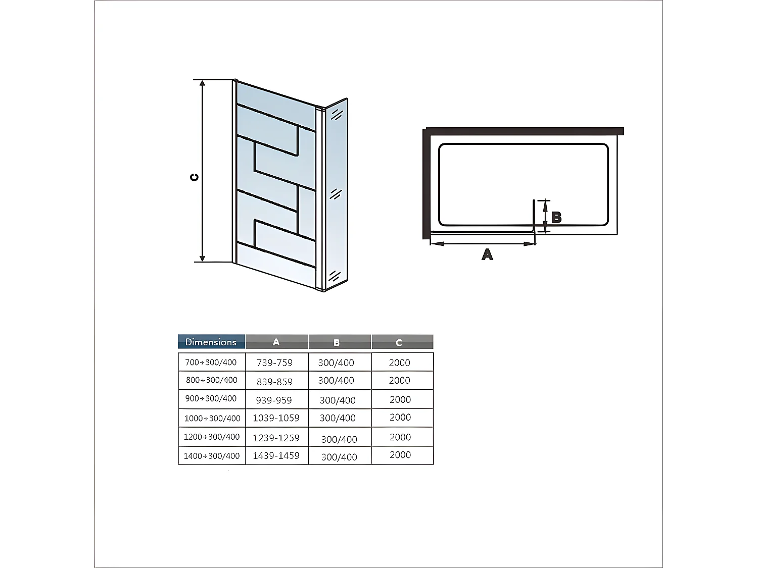 Paroi de douche fixe à l'italienne 80+40x200cm avec retour pivotant - Noir - avec barre de fixation 73-120cm en carré