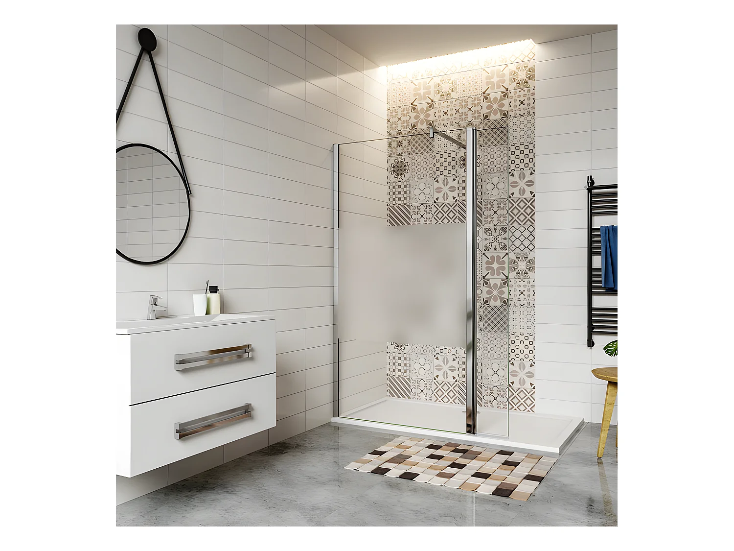 Paroi de douche à l'italienne verre dépoli au centre 110+30x200cm avec retour pivotant, avec barre de fixation 90cm en carré