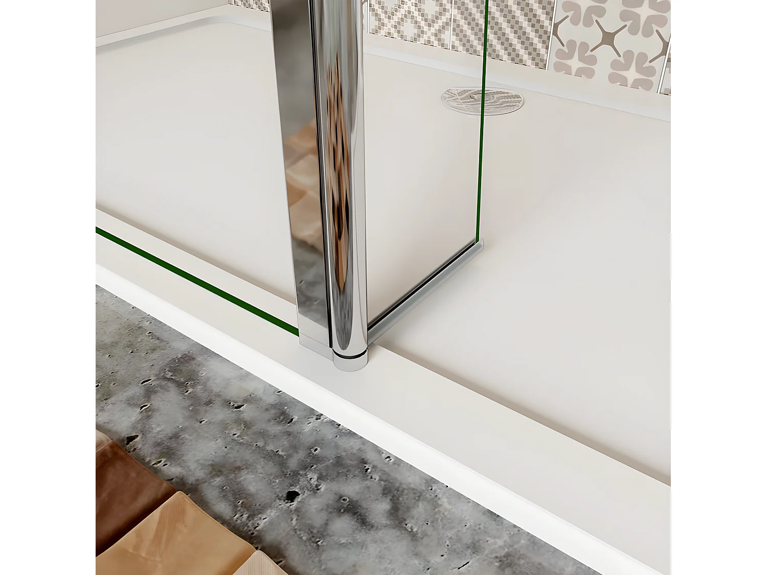 Paroi de douche à l'italienne verre dépoli au centre 110+30x200cm avec retour pivotant, avec barre de fixation 90cm en carré