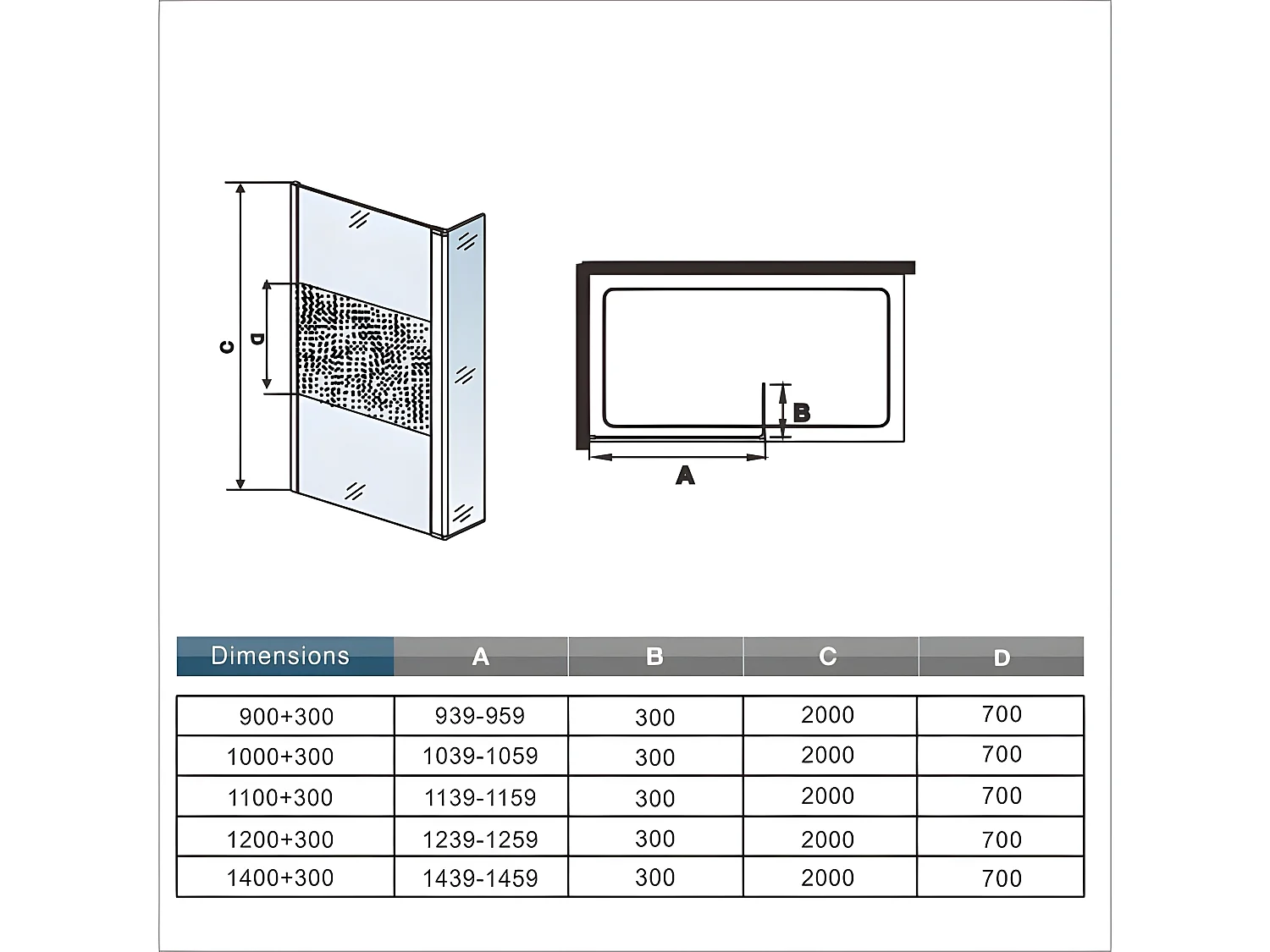 Paroi de douche à l'italienne verre dépoli au centre 110+30x200cm avec retour pivotant, avec barre de fixation 90cm en carré