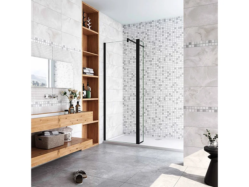 Paroi de douche à l'italienne avec retour pivotant 90+40x200cm avec barre de fixation 140cm en carré - Noir Mat - 8mm verre anticalcaire