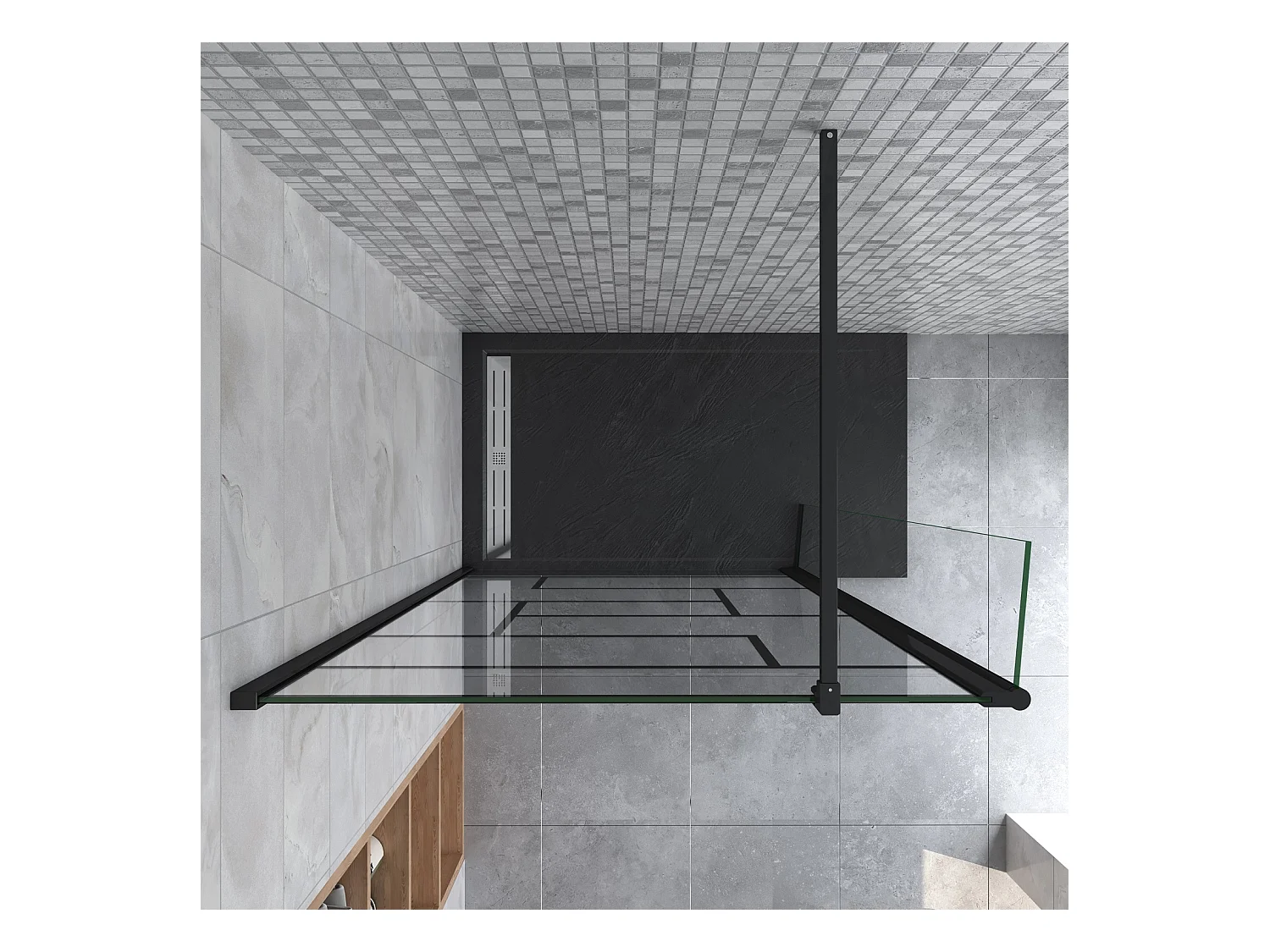 Paroi de douche fixe à l'italienne 100+40x200cm avec retour pivotant - Noir - avec barre de fixation 90cm en carré