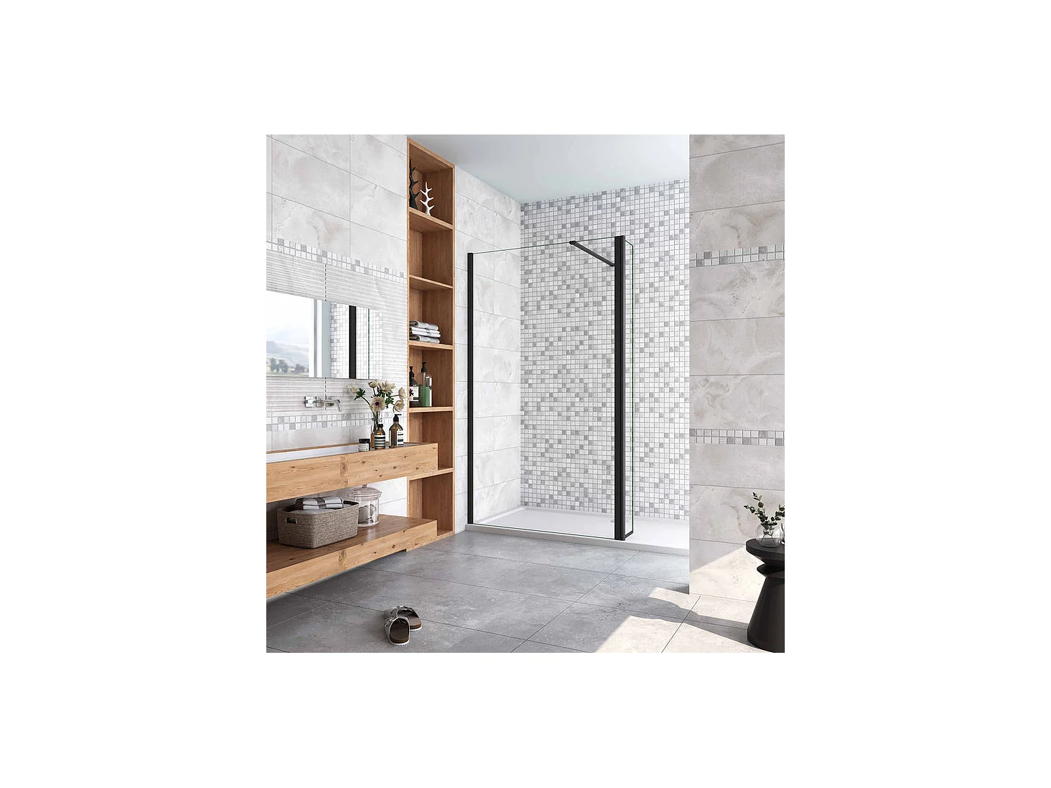 Paroi de douche à l'italienne avec retour pivotant 150+30x200cm avec barre de fixation 90cm recoupable - Noir Mat - 8mm verre anticalcaire