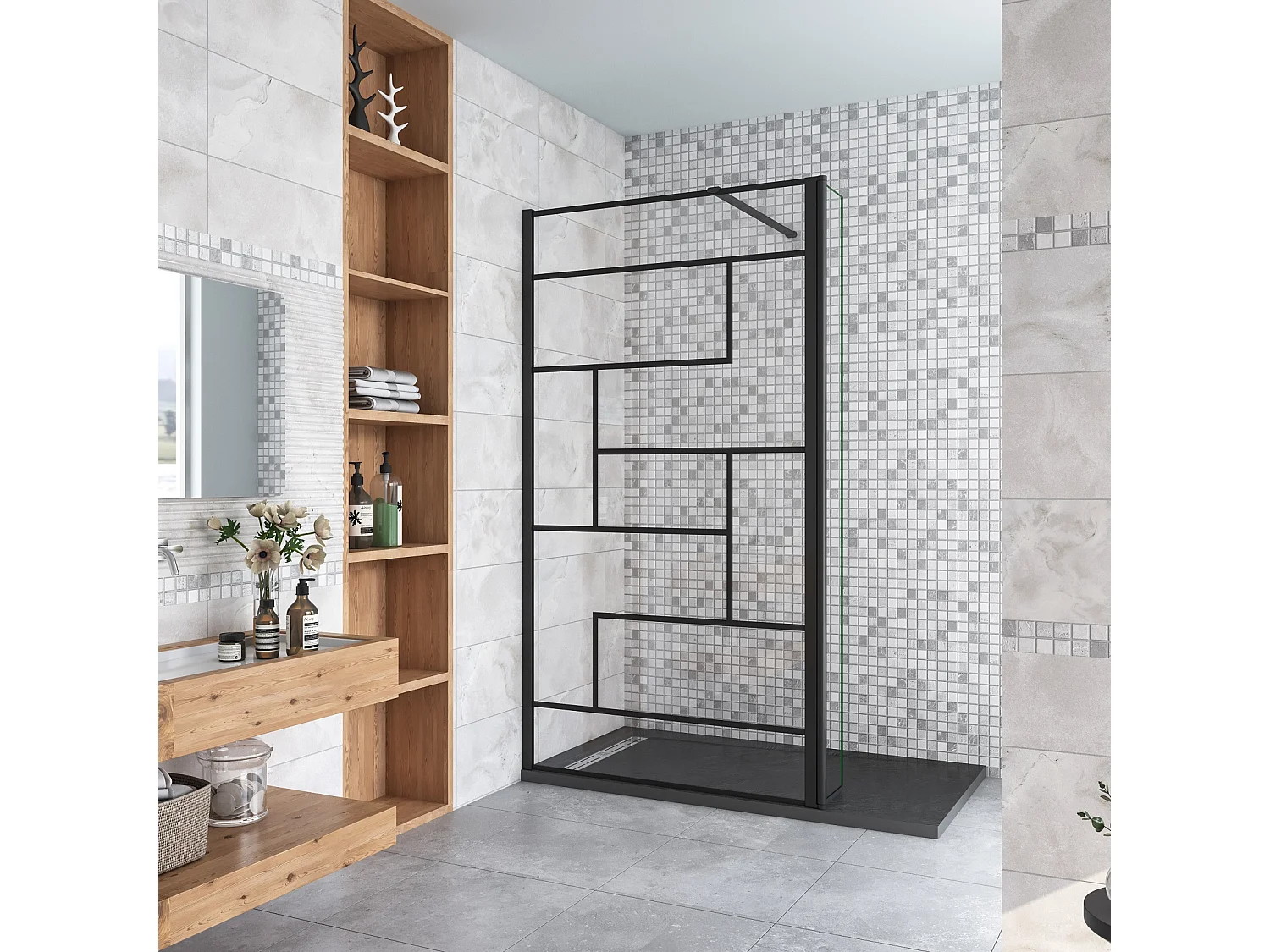 Paroi de douche fixe à l'italienne 140+30x200cm avec retour pivotant - Noir - avec barre de fixation 90cm recoupable