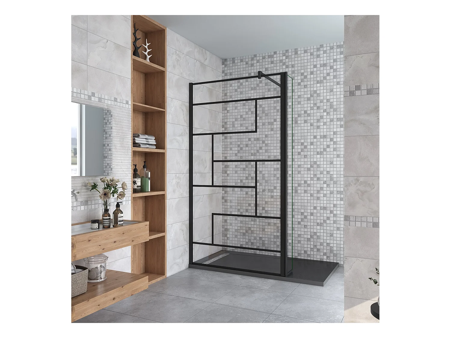 Paroi de douche fixe à l'italienne 140+40x200cm avec retour pivotant - Noir - avec barre de fixation 90cm en carré