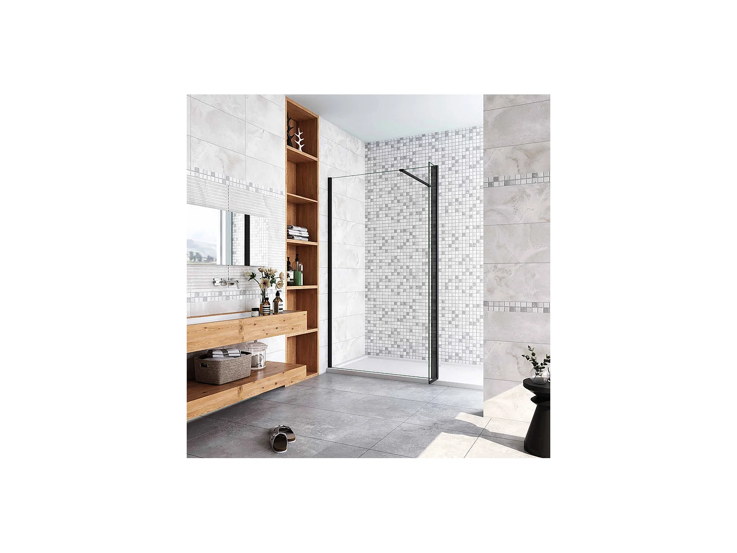 Paroi de douche à l'italienne avec retour pivotant 110+30x200cm avec barre de fixation 90cm recoupable - Noir Mat - 8mm verre anticalcaire