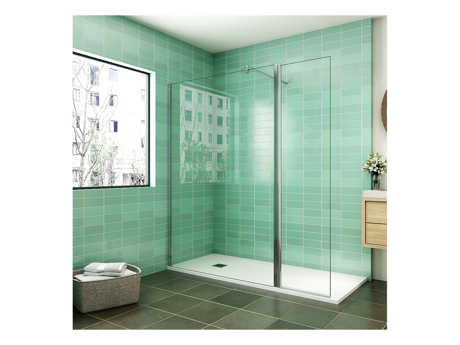 Paroi de douche à l'italienne 160x200cm avec retour pivotant 50x200cm - Verre securit - Avec barre de fixation carrée 140cm
