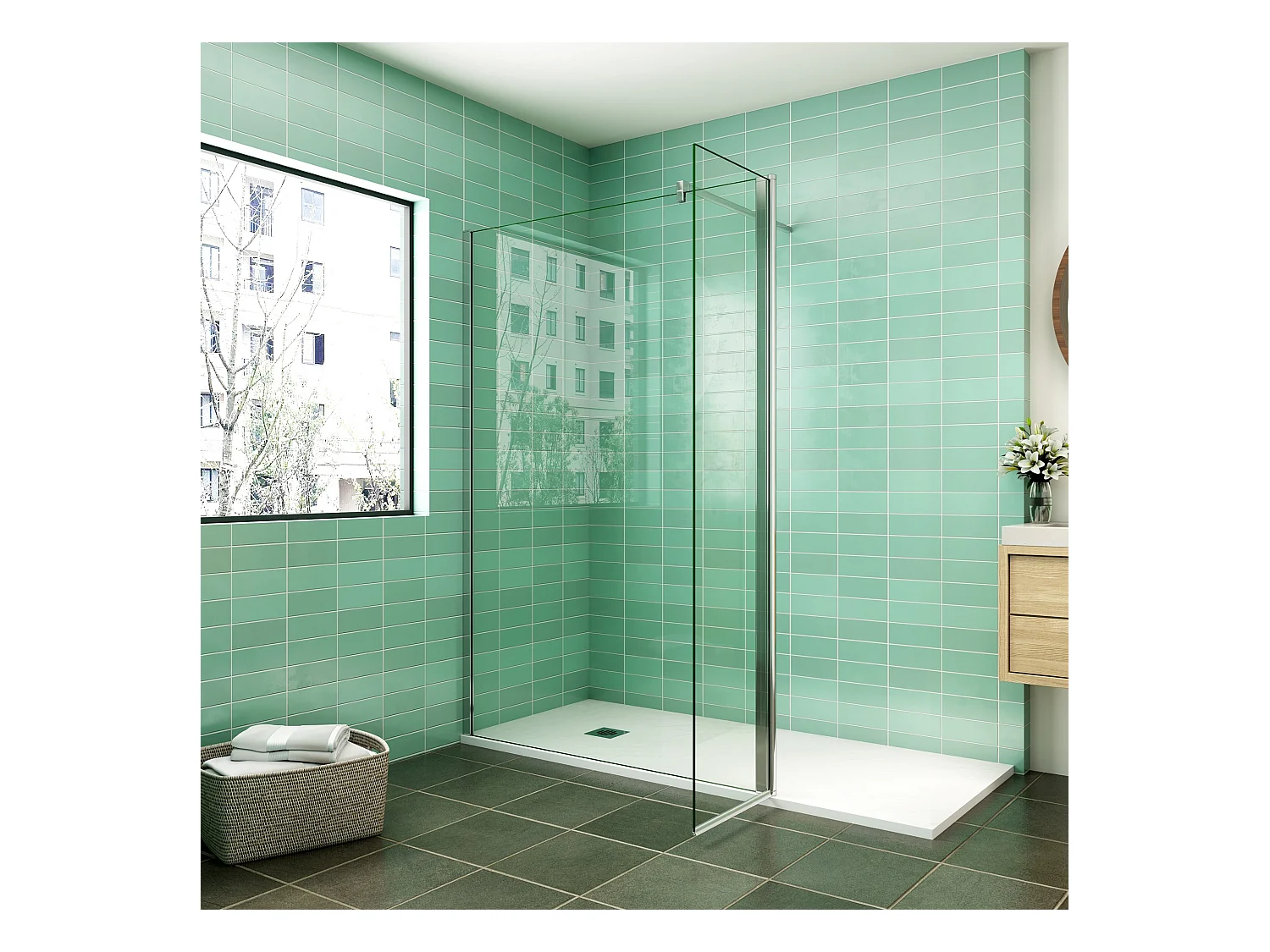 Paroi de douche à l'italienne 160x200cm avec retour pivotant 50x200cm - Verre securit - Avec barre de fixation carrée 140cm