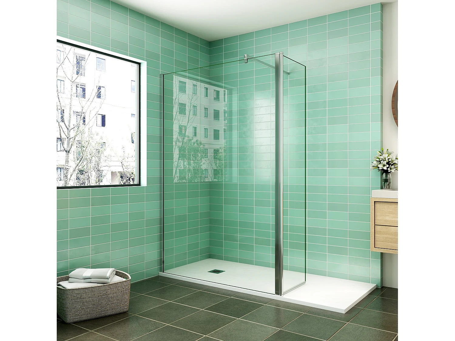 Paroi de douche à l'italienne 160x200cm avec retour pivotant 50x200cm - Verre securit - Avec barre de fixation carrée 140cm