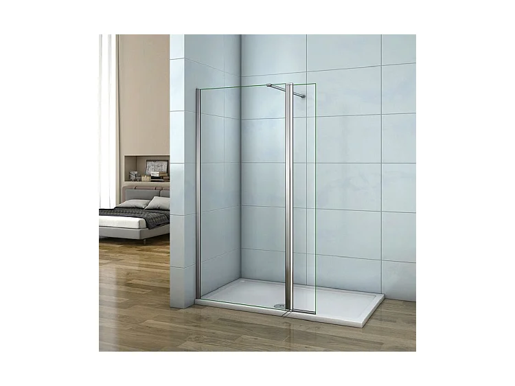 Paroi de douche à l'italienne 90+40x200cm avec retour pivotant - Verre 8mm trempé - Avec barre de fixation 90cm recoupable