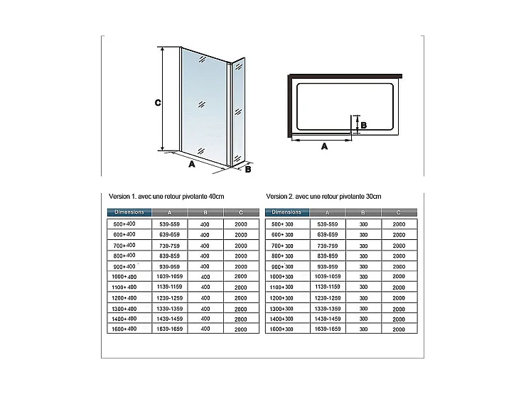 Paroi de douche à l'italienne 90+40x200cm avec retour pivotant - Verre 8mm trempé - Avec barre de fixation 90cm recoupable