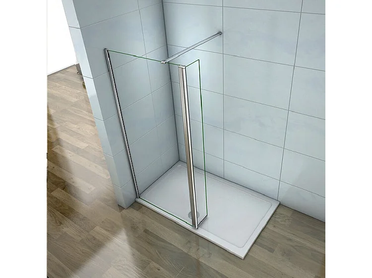 Paroi de douche à l'italienne 90+40x200cm avec retour pivotant - Verre 8mm trempé - Avec barre de fixation 90cm recoupable