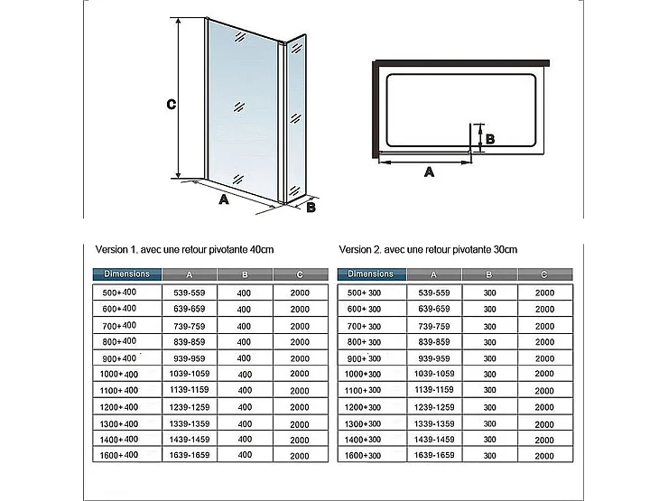 Paroi de douche à l'italienne 90+40x200cm avec retour pivotant - Verre 8mm trempé - Avec barre de fixation 90cm recoupable