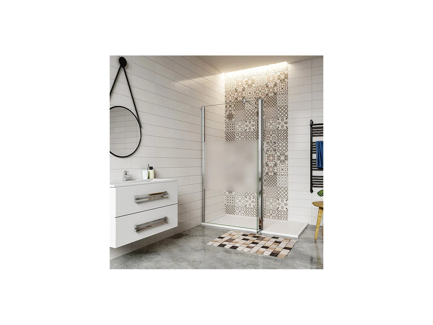 Paroi de douche à l'italienne verre dépoli au centre 140+30x200cm avec retour pivotant, avec barre de fixation 70-120cm en cylindrique