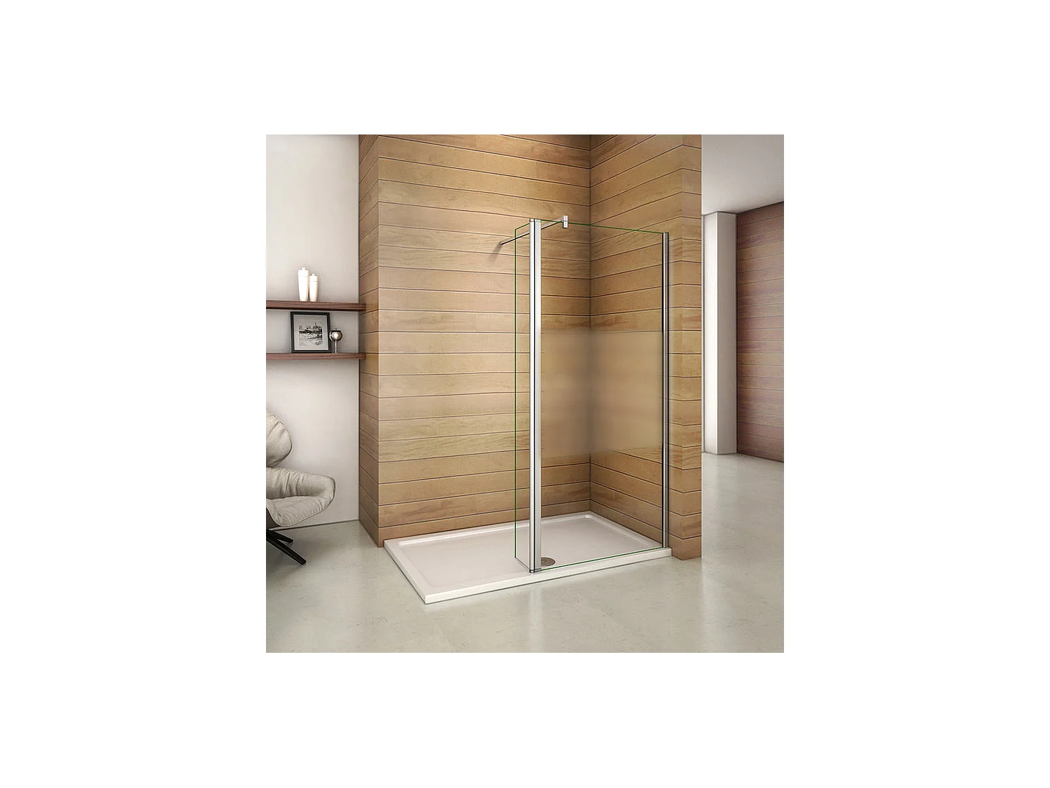 Paroi de douche à l'italienne verre dépoli au centre 110+40x200cm avec retour pivotant, avec barre de fixation 140cm en carré