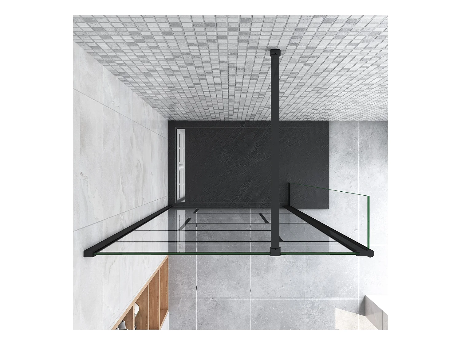 Paroi de douche fixe à l'italienne 90+30x200cm avec retour pivotant - Noir - avec barre de fixation 140cm recoupable