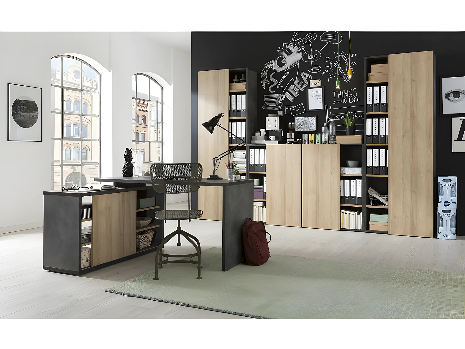 Bibliothèque 218 cm 1 demi porte décor bois et béton gris - JENY