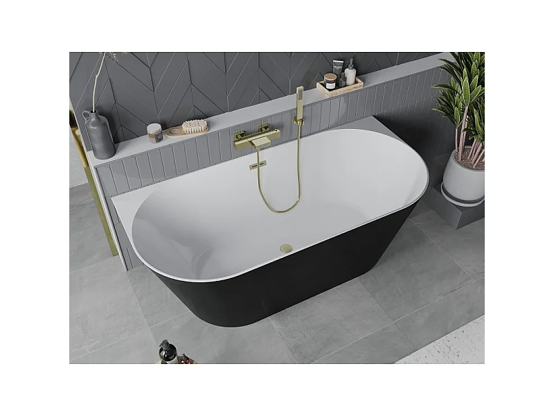Mexen Oval Slim baignoire autoportante adossée 170 x 80 cm, blanche/noire, trop-plein doré brossé - 52661708075-55