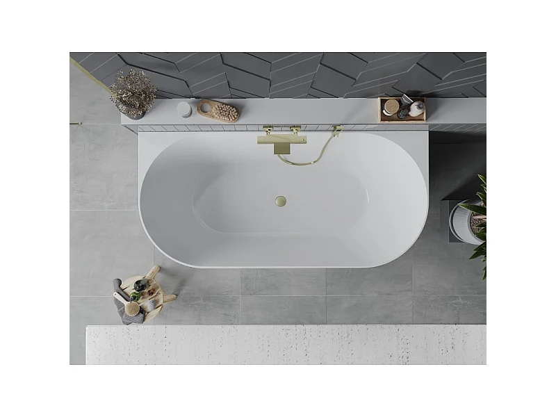 Mexen Oval Slim baignoire autoportante adossée 170 x 80 cm, blanche/noire, trop-plein doré brossé - 52661708075-55