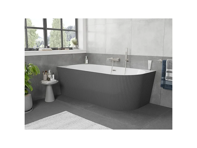 Mexen Silo freestanding corner left ribbed bathtub 150 x 75 cm, white/gray, brushed nickel overflow - 52891507562L-97
