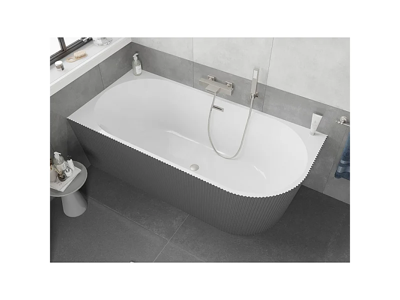Mexen Silo freestanding corner left ribbed bathtub 150 x 75 cm, white/gray, brushed nickel overflow - 52891507562L-97