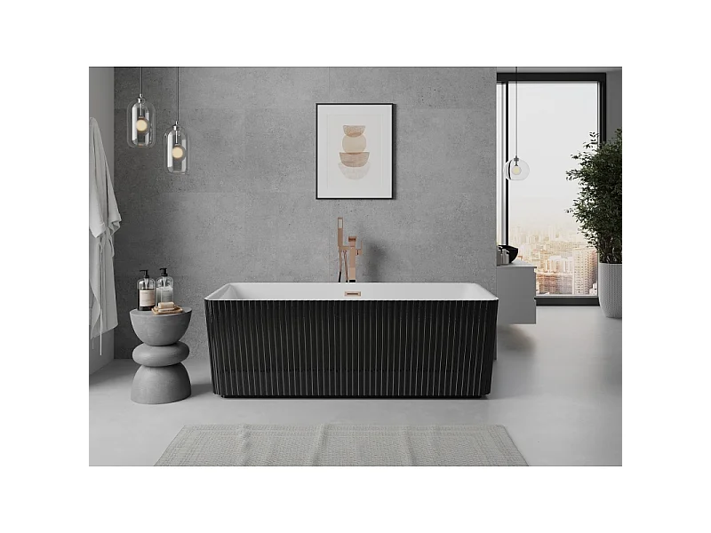 Mexen Nila baignoire autoportante rainurée 170 x 75 cm, blanc/noir, trop-plein cuivre brossé - 52841708075-65