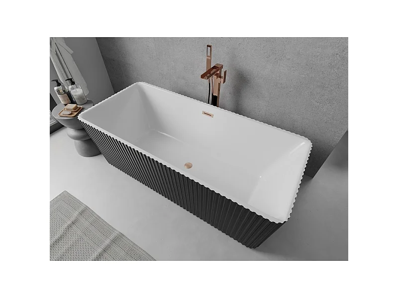 Mexen Nila baignoire autoportante rainurée 170 x 75 cm, blanc/noir, trop-plein cuivre brossé - 52841708075-65