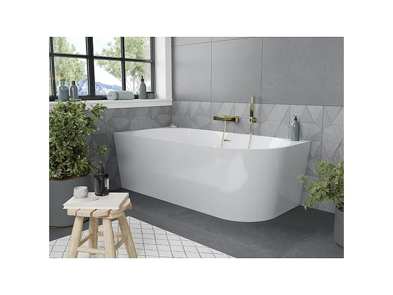 Mexen Mia vasca da bagno freestanding angolare sinistra 140 x 75 cm, bianca, troppopieno oro spazzolato - 52691407500L-55
