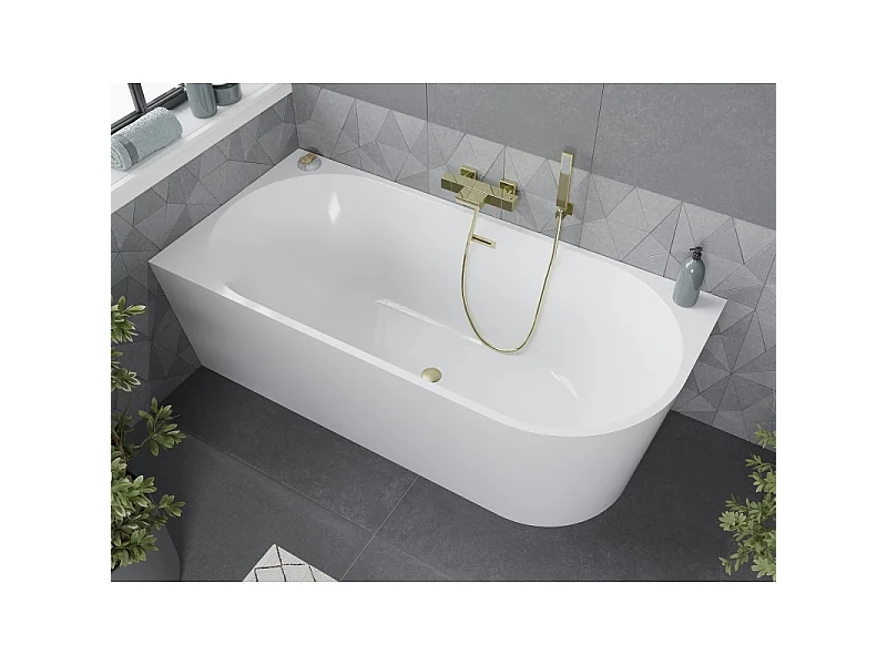Mexen Mia vasca da bagno freestanding angolare sinistra 140 x 75 cm, bianca, troppopieno oro spazzolato - 52691407500L-55