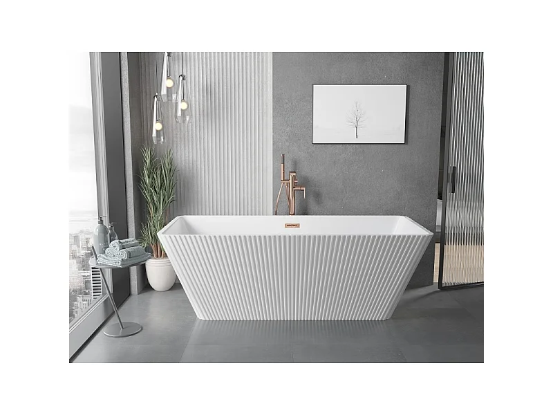 Mexen Tava wanna wolnostojąca ryflowana 170 x 75 cm, biała, przelew miedź szczotkowana - 52851707500-65