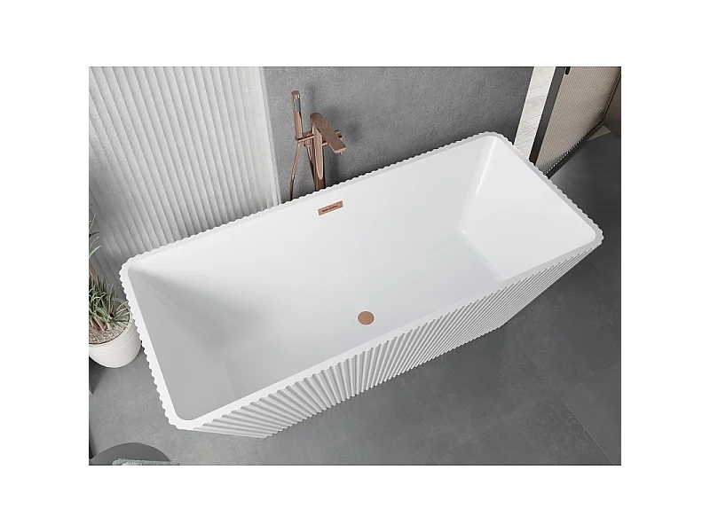 Mexen Tava wanna wolnostojąca ryflowana 170 x 75 cm, biała, przelew miedź szczotkowana - 52851707500-65
