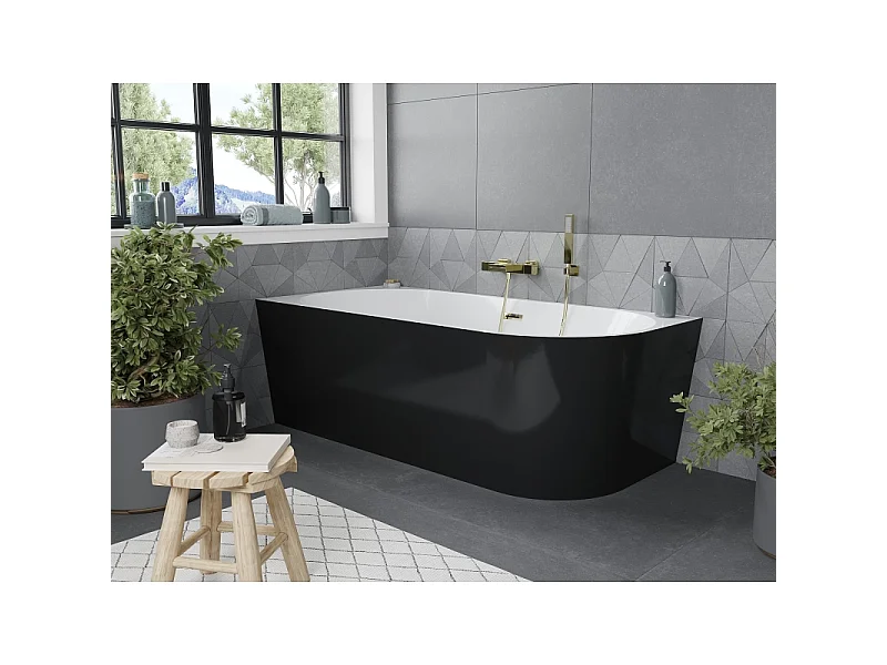 Mexen Mia baignoire autoportante d'angle gauche 160 x 80 cm, blanche/noire, trop-plein doré - 52691608075L-50