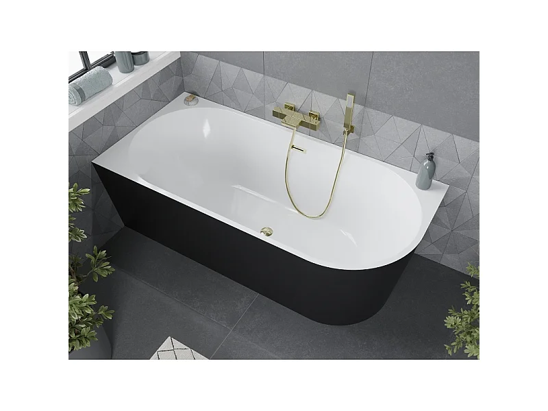Mexen Mia baignoire autoportante d'angle gauche 160 x 80 cm, blanche/noire, trop-plein doré - 52691608075L-50