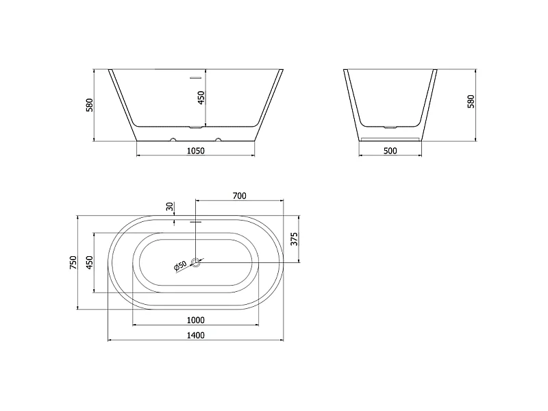 Mexen Luna freestanding bathtub 140 x 75 cm, white/black, brushed copper overflow - 52031407575-65