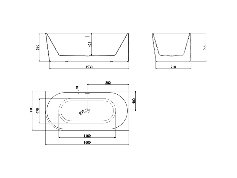 Mexen Mia free-standing right corner bathtub 160 x 80 cm, white/black, overflow gun gray brushed - 52691608075P-66