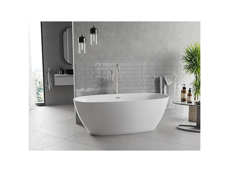 Mexen Luvo Slim freistehende Badewanne 170 x 75 cm, weiß, Überlauf gebürsteter Nickel - 52801707500-97