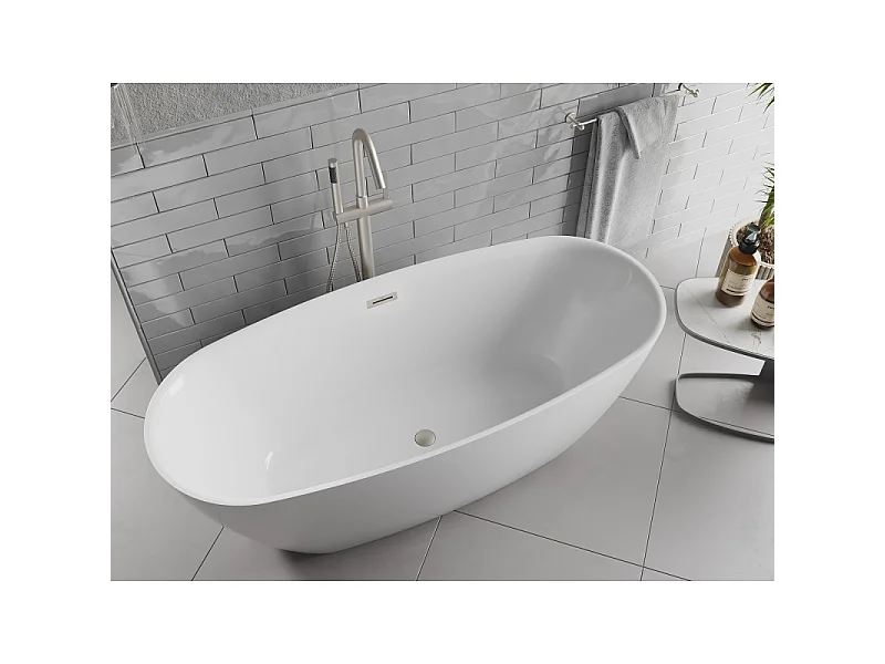 Mexen Luvo Slim freistehende Badewanne 170 x 75 cm, weiß, Überlauf gebürsteter Nickel - 52801707500-97
