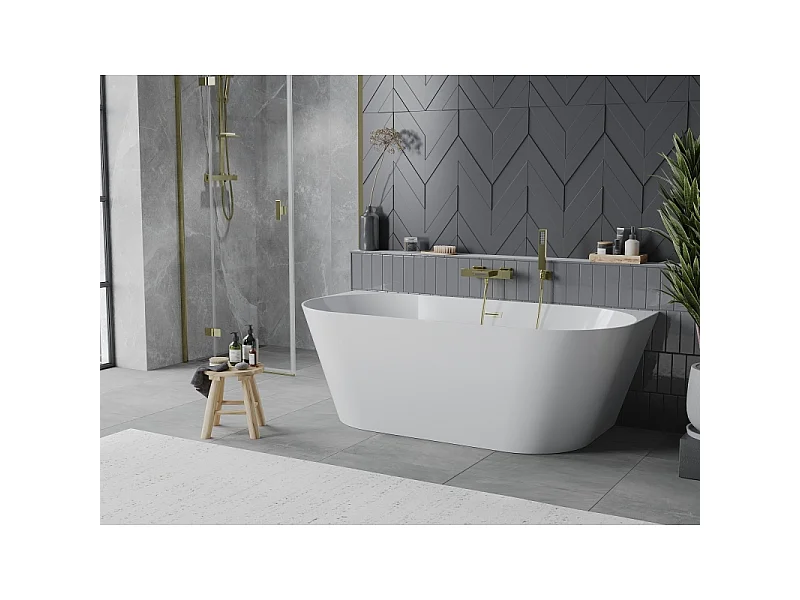 Mexen Oval Slim baignoire autoportante adossée 170 x 80 cm, blanche, trop-plein or brossé - 52661708000-55