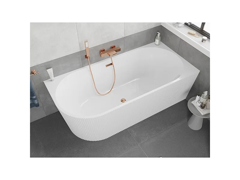 Mexen Silo freestanding corner right grooved bathtub 170 x 80 cm, white, overflow rose gold - 52891708000P-60