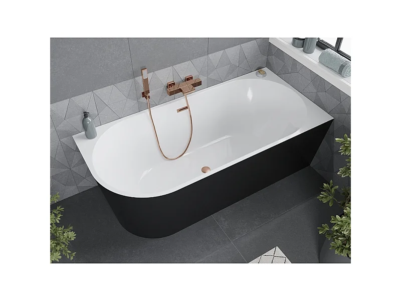 Mexen Mia freistehende Eckbadewanne rechts 160 x 80 cm, weiß/schwarz, Überlauf gebürstetes Kupfer - 52691608075P-65