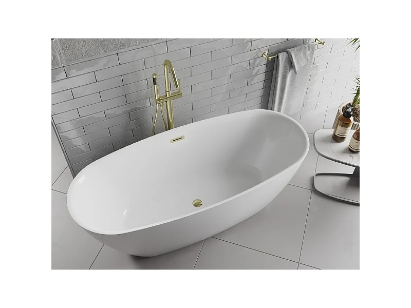 Mexen Luvo Slim banheira independente 170 x 75 cm, branca, transbordo dourado - 52801707500-50
