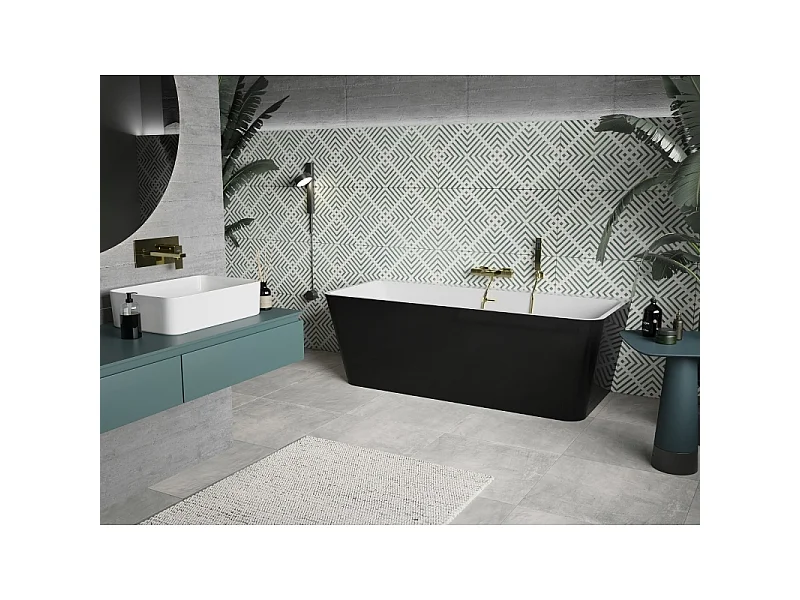 Mexen Volta baignoire autonome murale 150 x 75 cm, blanche/noire, trop-plein doré - 51131507575-50
