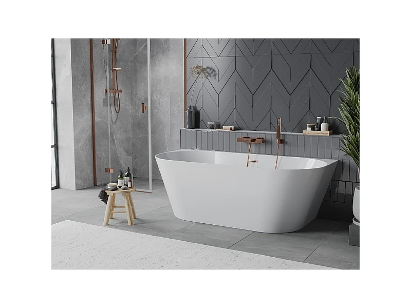 Mexen Oval Slim baignoire autoportante adossée 170 x 80 cm, blanche, trop-plein en cuivre brossé - 52661708000-65