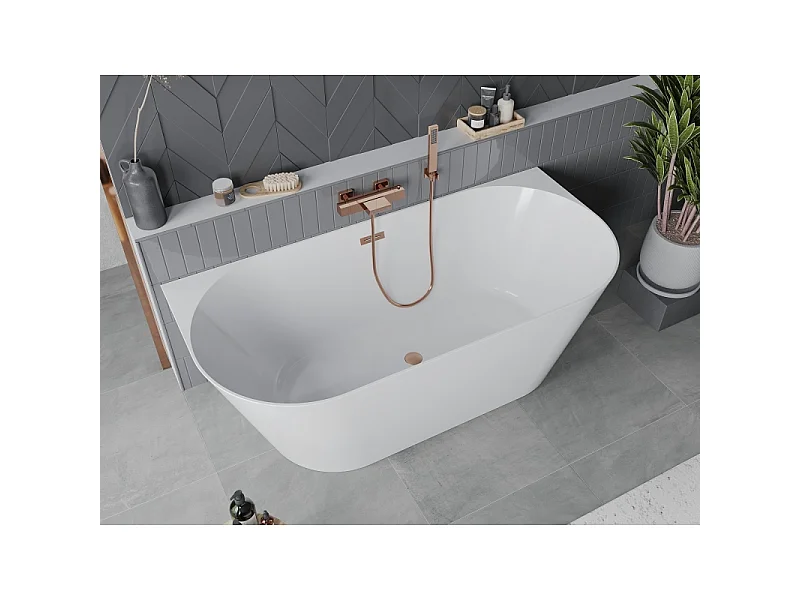 Mexen Oval Slim baignoire autoportante adossée 170 x 80 cm, blanche, trop-plein en cuivre brossé - 52661708000-65