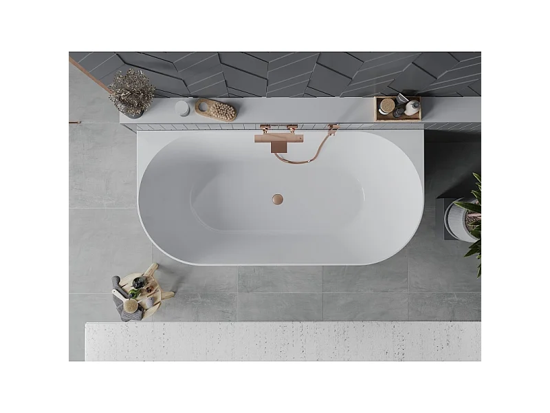Mexen Oval Slim baignoire autoportante adossée 170 x 80 cm, blanche, trop-plein en cuivre brossé - 52661708000-65